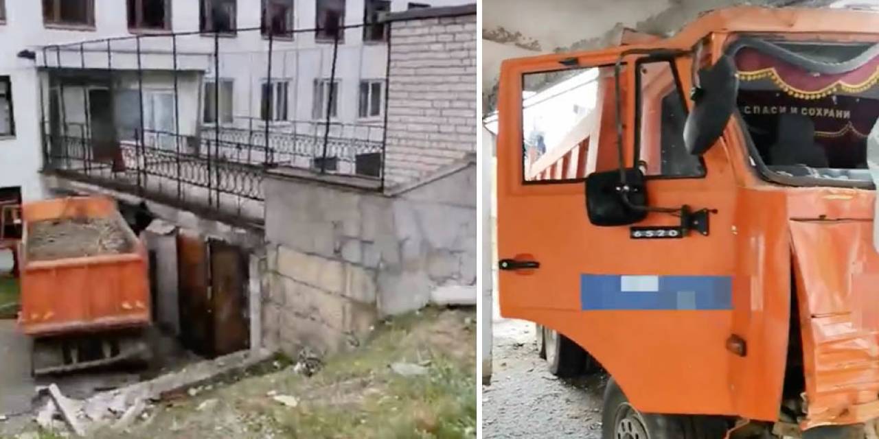 В Гродно КАМАЗ слетел с 4-метровой горки, врезался в здание и остался почти цел