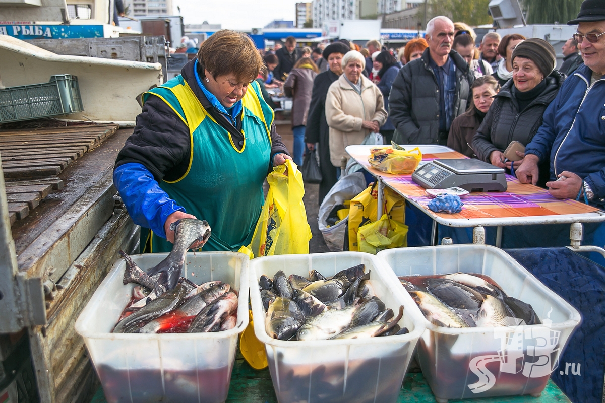 Ярмарка рыбы. Продавец рыбы. Уличная торговля рыбой. Продает рыбу на рынке.