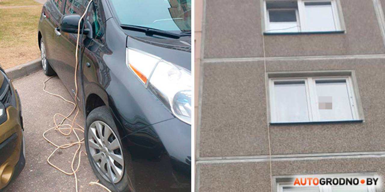 Опасно и незаконно? В Гродно заряжают Nissan Leaf с пятого этажа высотки