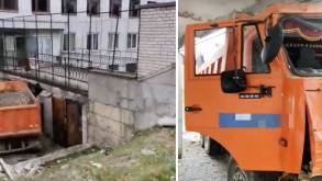 В Гродно КАМАЗ слетел с 4-метровой горки, врезался в здание и остался почти цел